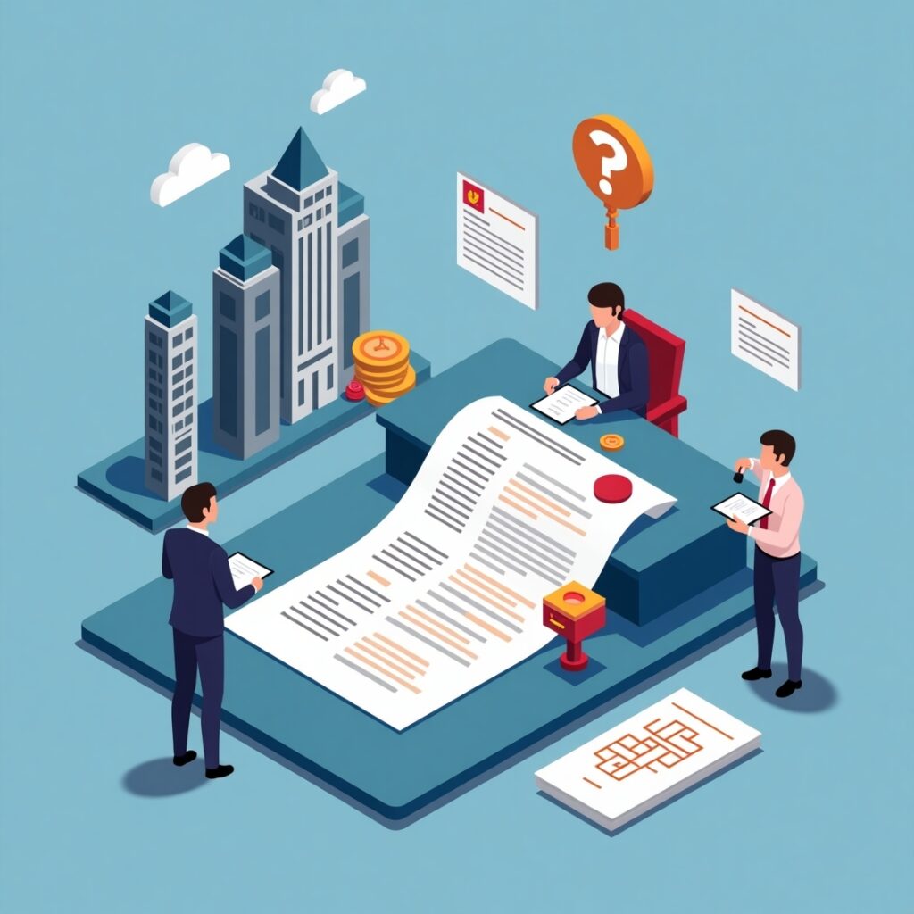 Isometrische 3D-Illustration eines Geschäftsprozesses mit Vertragsprüfung, Finanzdokumenten und Unternehmensstrategie – symbolisiert Entscheidungsfindung und Wirtschaftsanalyse.