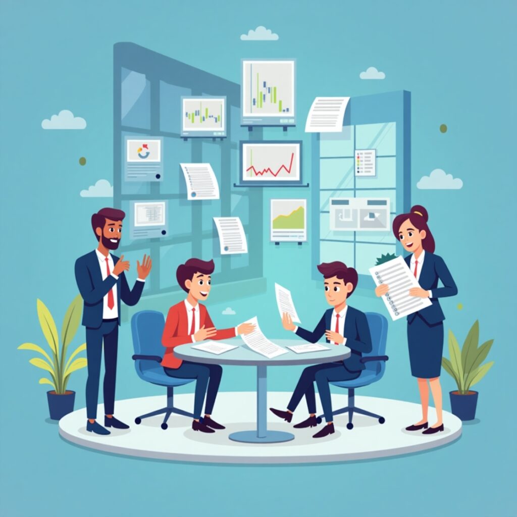 Illustration eines Geschäftstreffens in einem modernen Büro – Vier Business-Personen in formeller Kleidung diskutieren Dokumente an einem runden Tisch, während im Hintergrund große Fenster mit schwebenden Finanzdiagrammen und Berichten zu sehen sind.