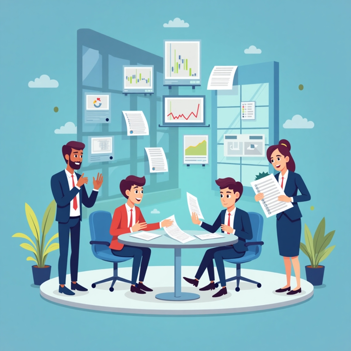 Illustration eines Geschäftstreffens in einem modernen Büro – Vier Business-Personen in formeller Kleidung diskutieren Dokumente an einem runden Tisch, während im Hintergrund große Fenster mit schwebenden Finanzdiagrammen und Berichten zu sehen sind.